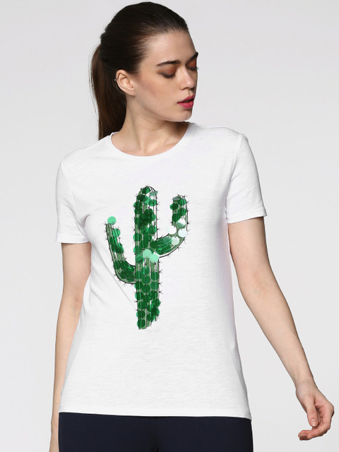 

ONLY Women White Printed Round Neck Pure Cotton T-shirt