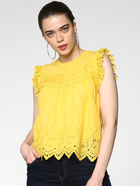 

ONLY Women Yellow Self-Design Pure Cotton Top