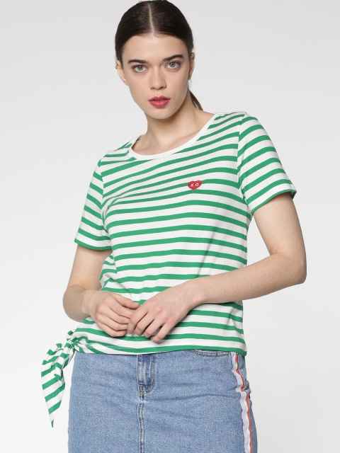 

ONLY Women White & Green Striped Pure Cotton Top