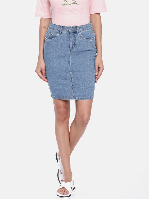 

ONLY Women Blue Washed Pencil Denim Pure Cotton Skirt