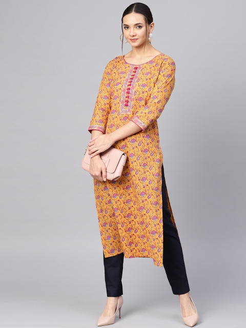 

Varanga Women Mustard Yellow & Pink Printed Straight Kurta