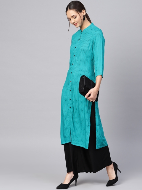 

Varanga Women Teal Green Striped Straight Kurta