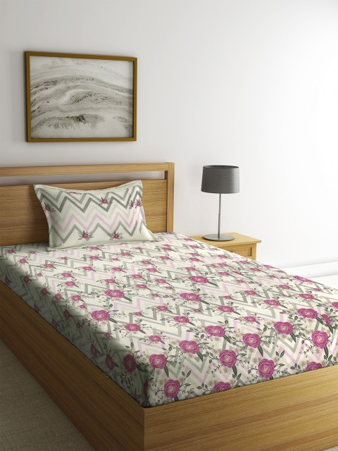 

SPACES Pink & Beige Floral 144 TC Cotton 1 Single Bedsheet with 1 Pillow Cover