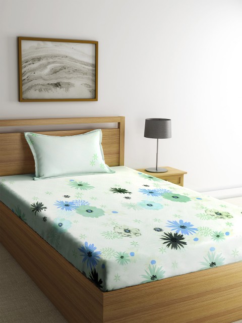 

SPACES Mint Green & Blue Floral 144 TC Cotton Single Bedsheet with Pillow Cover