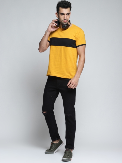 

DILLINGER Men Yellow Colourblocked Round Neck Pure Cotton T-shirt