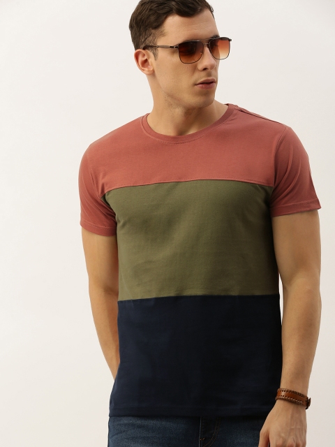 

DILLINGER Men Rust Brown Green Colourblocked Round Neck Pure Cotton T-shirt