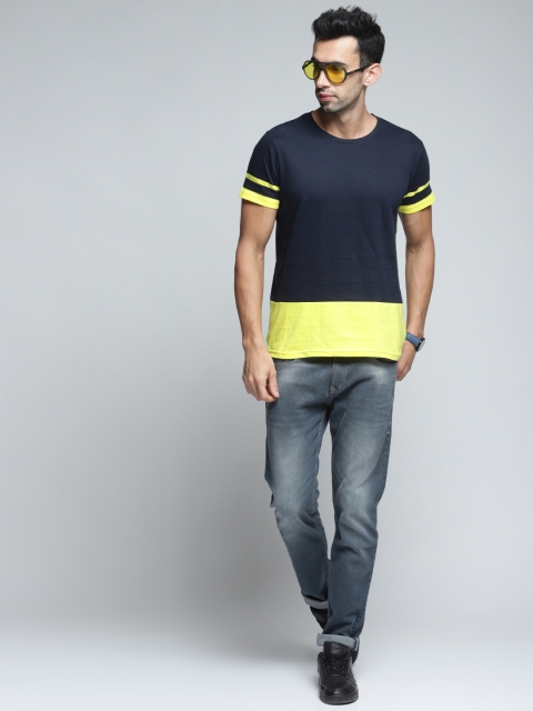 

DILLINGER Men Navy Blue Colourblocked Round Neck Pure Cotton T-shirt