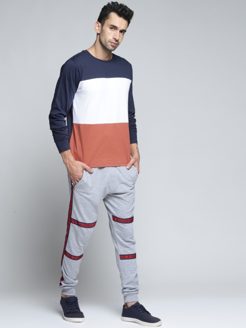 

DILLINGER Men Navy Blue White Colourblocked Round Neck Pure Cotton T-shirt