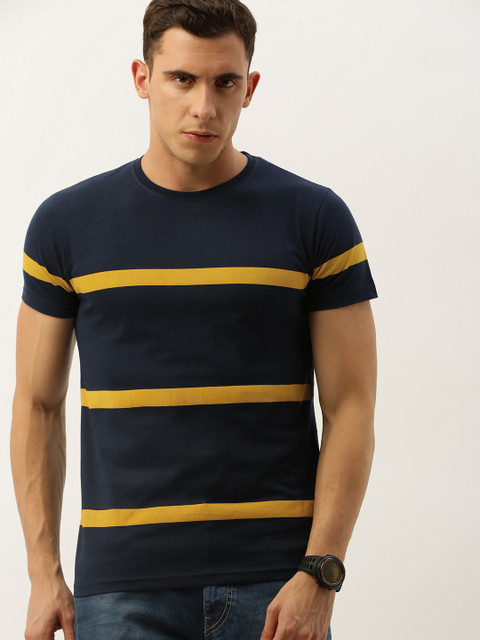 

DILLINGER Men Navy Blue Mustard Yellow Striped Round Neck Pure Cotton T-shirt