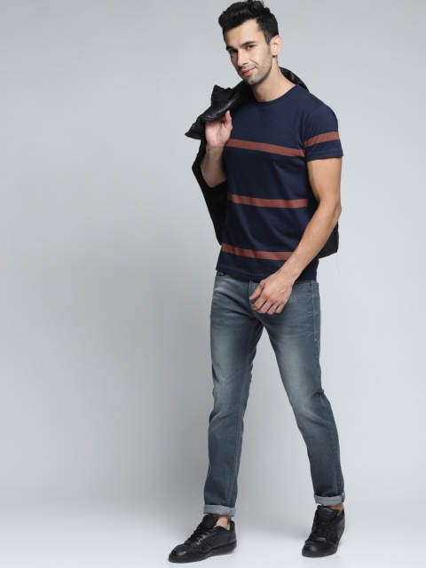 

DILLINGER Men Navy Blue Striped Round Neck T-shirt