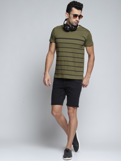 

DILLINGER Men Olive Green Striped Round Neck T-shirt