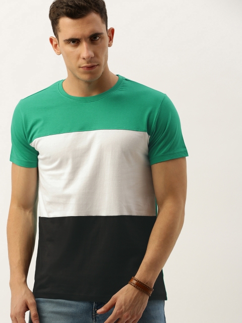 

DILLINGER Men Green White Colourblocked Round Neck Pure Cotton T-shirt