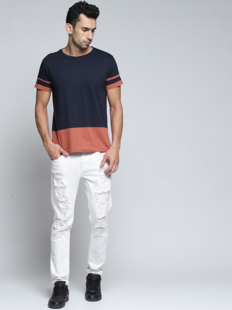 

DILLINGER Men Navy Blue & Rust Orange Colourblocked Round Neck T-shirt