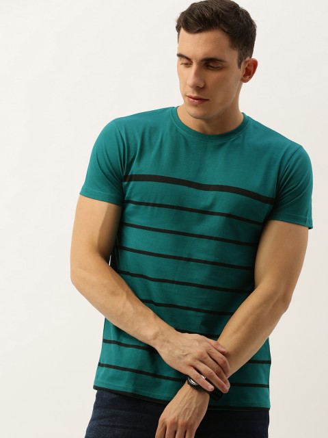 

DILLINGER Men Teal Green Black Striped Round Neck Pure Cotton T-shirt