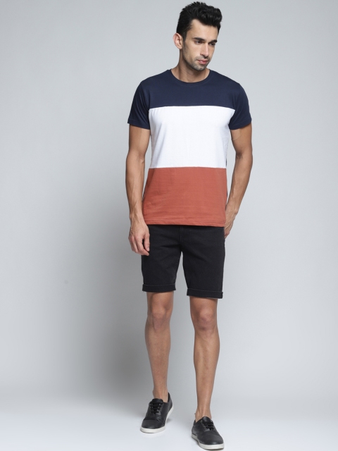 

DILLINGER Men Navy Blue White Colourblocked Round Neck Pure Cotton T-shirt