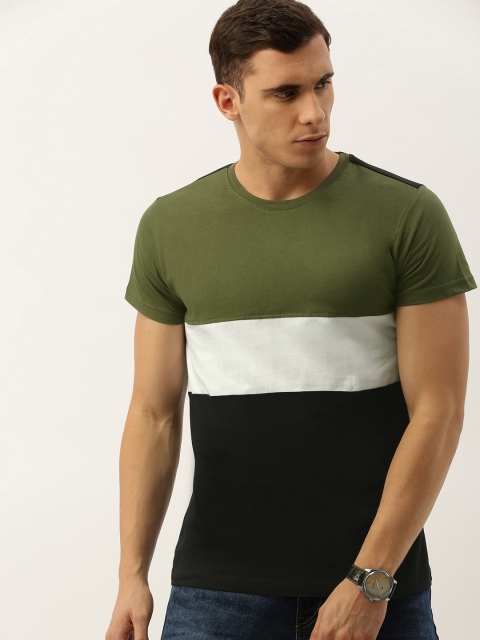 

DILLINGER Men Olive Green Black Colourblocked Round Neck Pure Cotton T-shirt