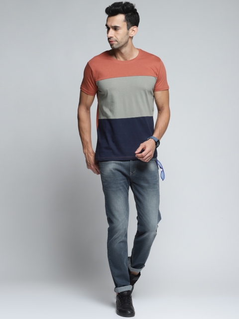 

DILLINGER Men Rust Brown Grey Colourblocked Round Neck Pure Cotton T-shirt