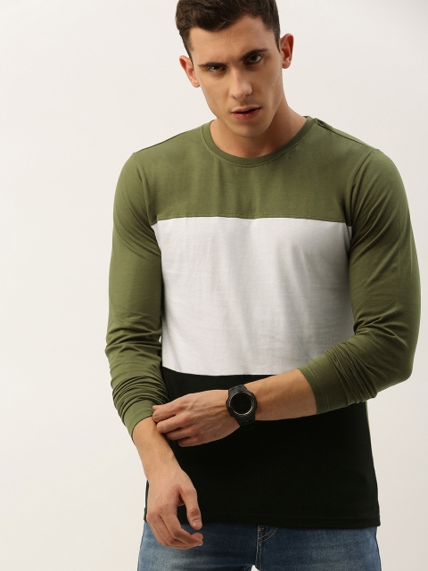 

DILLINGER Men Olive Green & White Colourblocked Round Neck T-shirt
