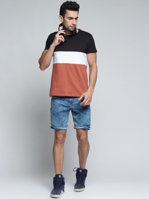 

DILLINGER Men Black White Colourblocked Round Neck Pure Cotton T-shirt