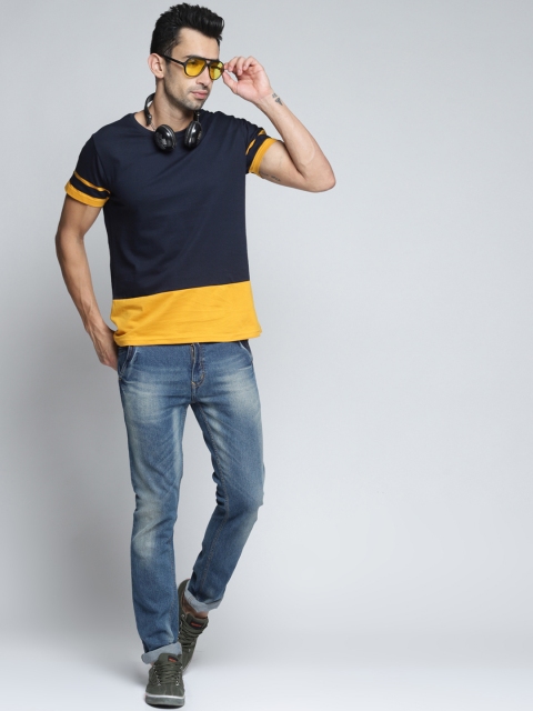 

DILLINGER Men Navy Blue & Yellow Colourblocked Round Neck T-shirt
