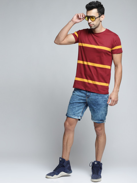 

DILLINGER Men Maroon Striped Round Neck T-shirt