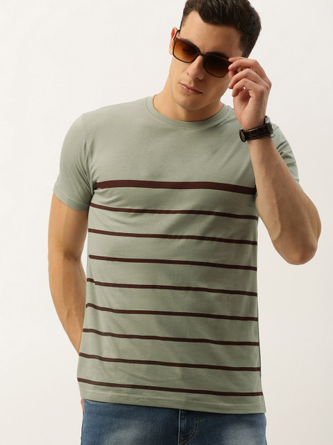 

DILLINGER Men Grey & Maroon Striped Round Neck T-shirt