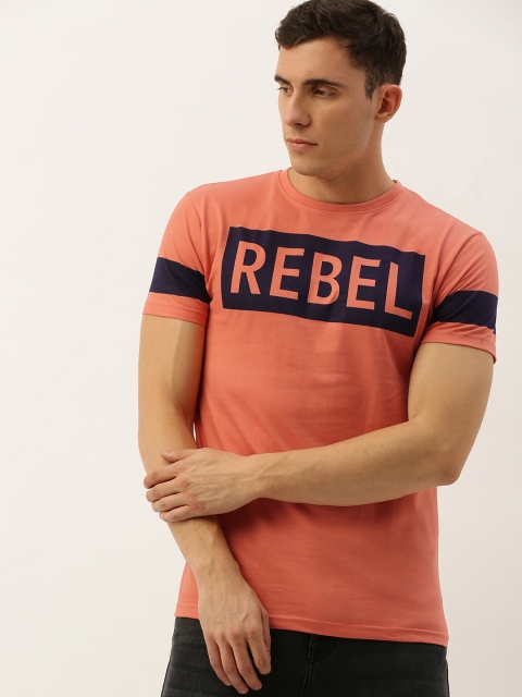 

DILLINGER Men Coral Orange Printed Round Neck Pure Cotton T-shirt