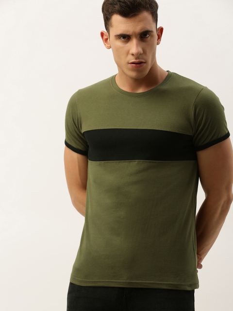 

DILLINGER Men Olive Green Black Striped Round Neck Pure Cotton T-shirt