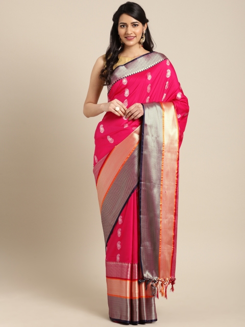 

Varkala Silk Sarees Pink & Navy Blue Pure Katan Silk Woven Design Banarasi Saree