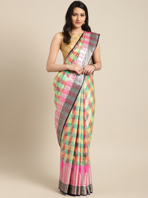 

Varkala Silk Sarees Green & Orange Katan Silk Checked Banarasi Saree