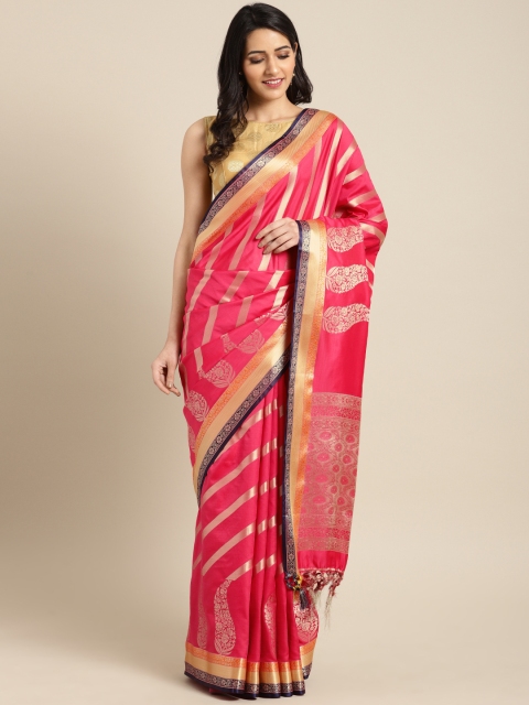 

Varkala Silk Sarees Coral Pink & Gold-Coloured Pure Silk Striped Banarasi Saree