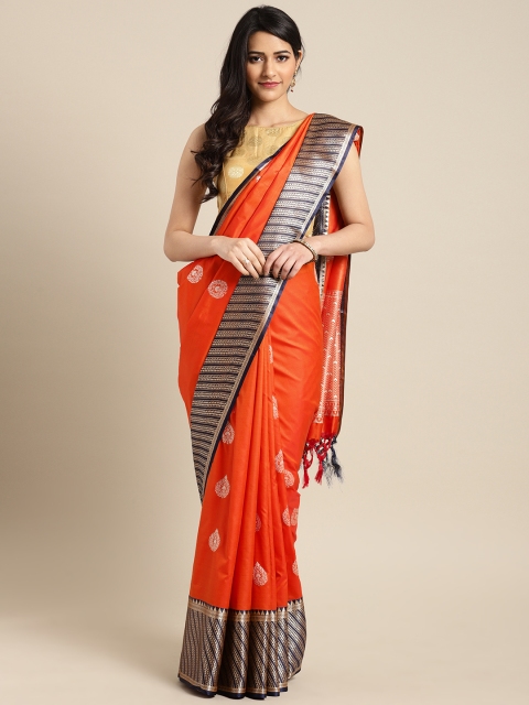 

Varkala Silk Sarees Orange & Navy Blue Pure Silk Woven Design Banarasi Saree