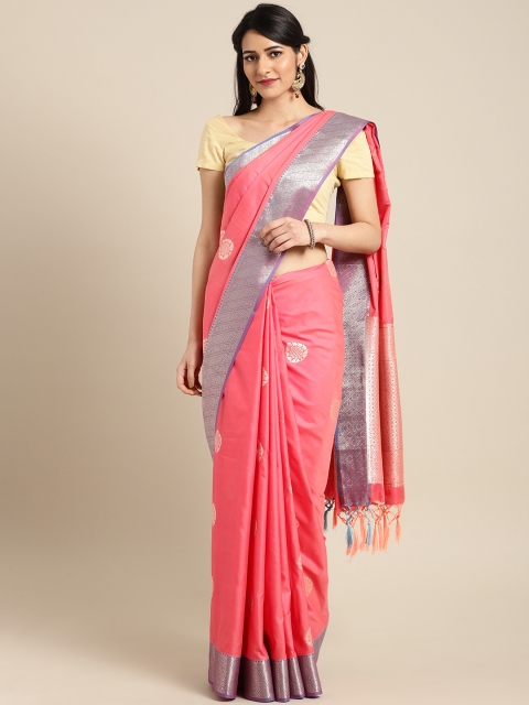Varkala Silk Sarees Coral Pink Pure Silk Woven Design Banarasi Saree