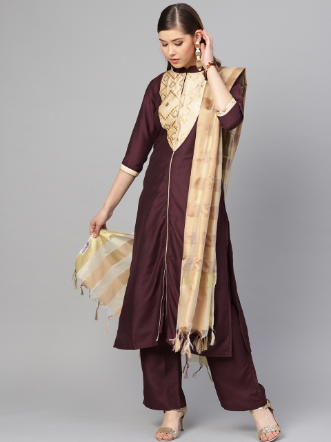 

Inddus Purple & Beige Unstitched Dress Material, Burgundy