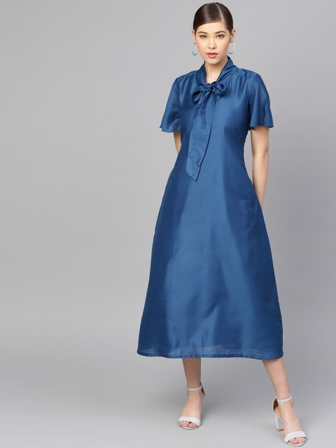 

Inddus Women Blue Solid Midi A-Line Dress
