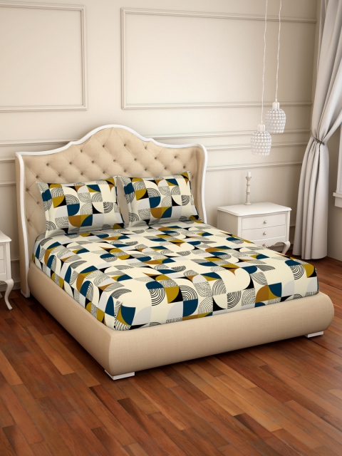 CORE Designed by SPACES Yellow Geometric 104 TC Cotton 1 Queen Bedsheet with 2 Pillow Covers