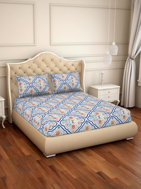 

CORE Designed by SPACES Blue Ethnic Motifs 104 TC Cotton 1 Queen Bedsheet with 2 Pillow Covers