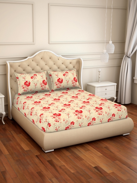 CORE Designed by SPACES Red Floral 104 TC Cotton 1 Queen Bedsheet with 2 Pillow Covers