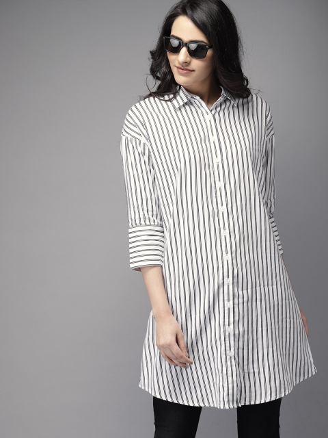 

Moda Rapido Women White & Navy Regular Fit Striped Longline Casual Shirt