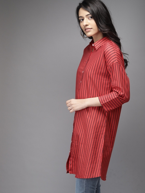 

Moda Rapido Women Red & Navy Regular Fit Striped Longline Casual Shirt