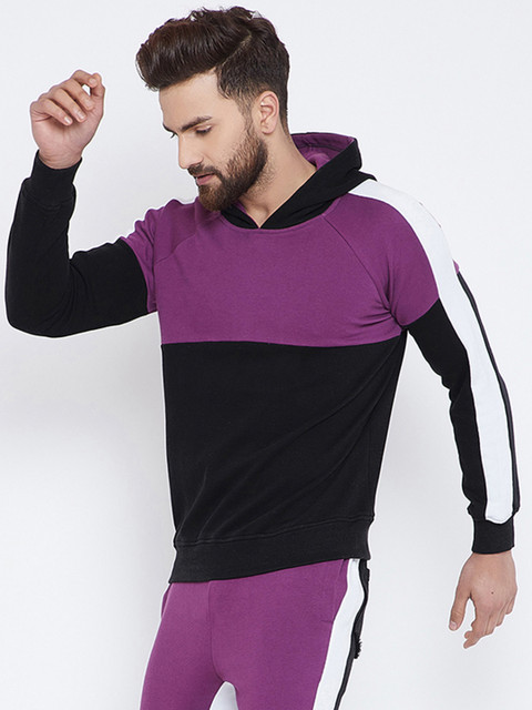 

FUGAZEE Men Purple & Black Colourblocked Hooded Sweatshirt
