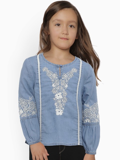 

Pepe Jeans Girls Blue Embroidered Chambray Pure Cotton Top
