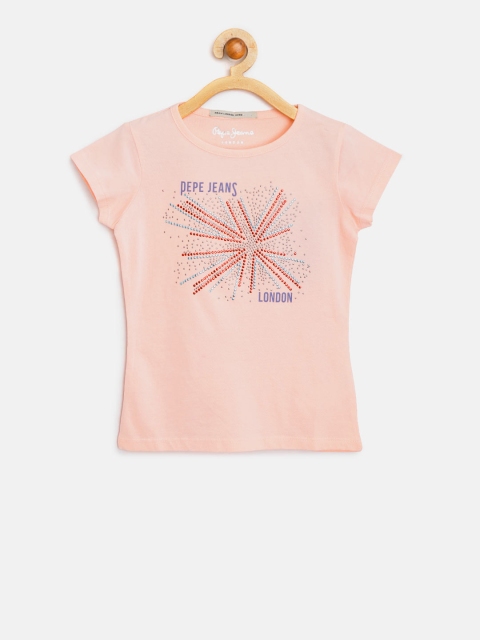 

Pepe Jeans Girls Peach-Coloured Embellished Round Neck T-shirt
