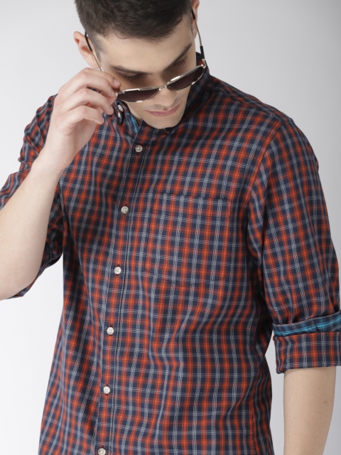 

Harvard Men Navy Blue & Orange Regular Fit Checked Casual Shirt
