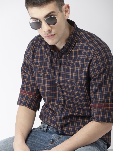 

Harvard Men Navy Blue & Mustard Yellow Checked Casual Shirt