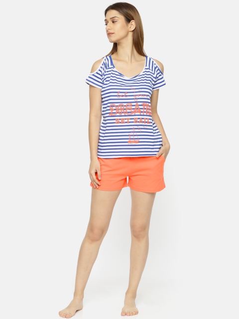 

Slumber Jill Women White & Blue Striped Night suit
