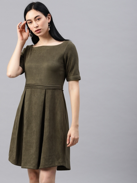 

EMBLAZE Women Olive Green Solid Fit and Flare Dress