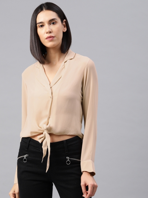 

EMBLAZE Women Beige Solid Semi-Sheer Cropped Shirt Style Top