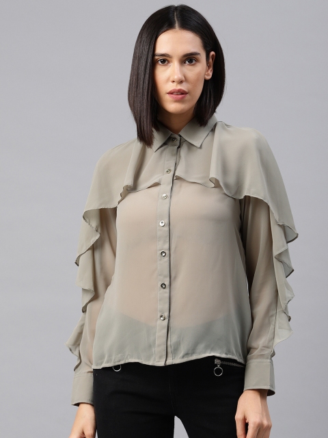 

EMBLAZE Women Green Solid Sheer Shirt Style Top