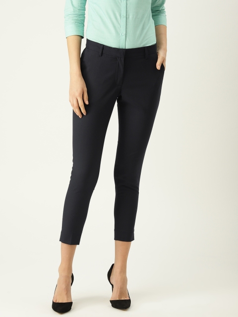 

Park Avenue Woman Women Navy Blue Tapered Fit Solid Cropped Formal Trousers